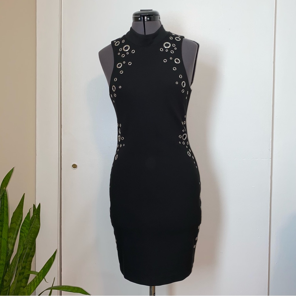 Parker Metal Eyelet Silver Ring Black Halter Dress Size Medium